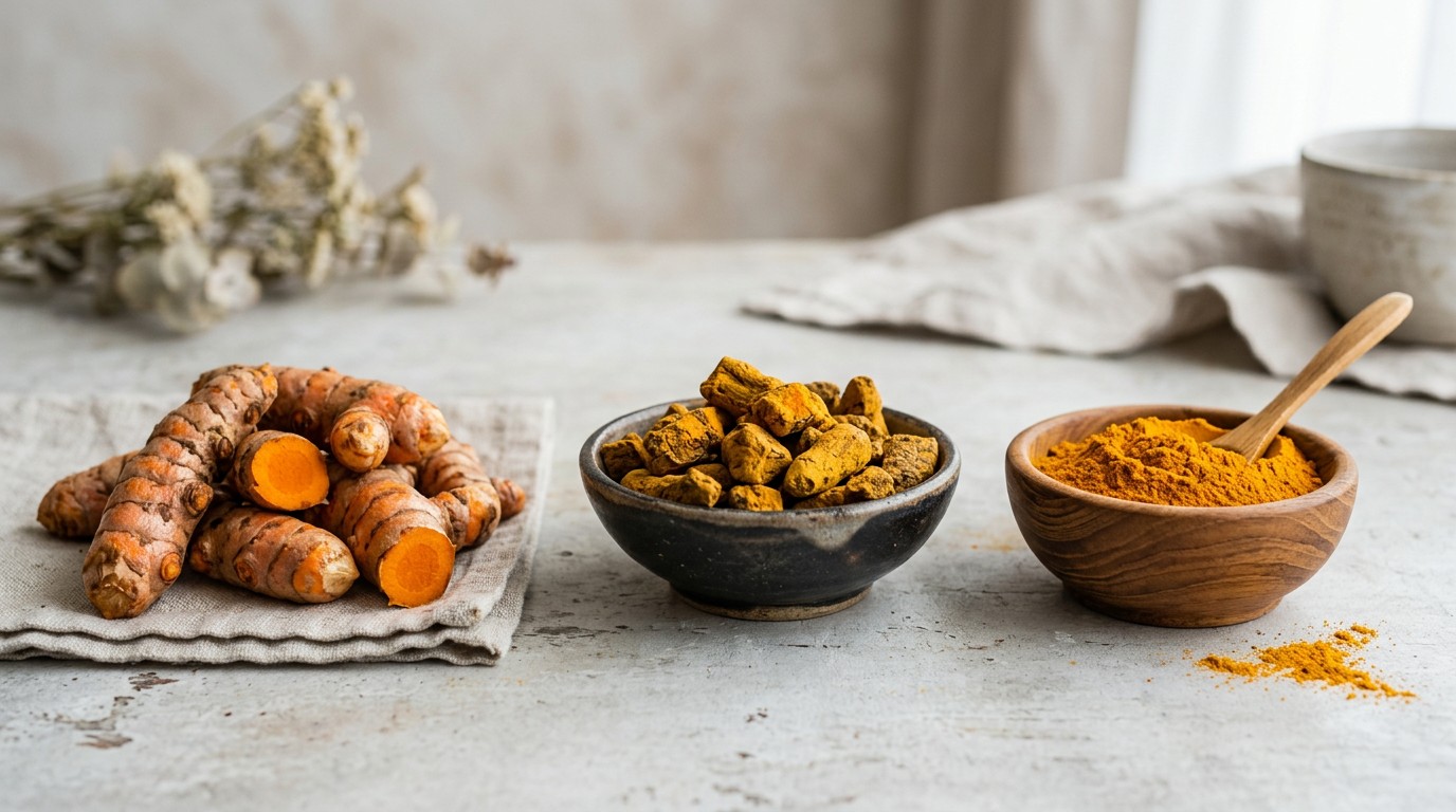 The basic process of turning harvested turmeric rhizomes into dried turmeric powder.