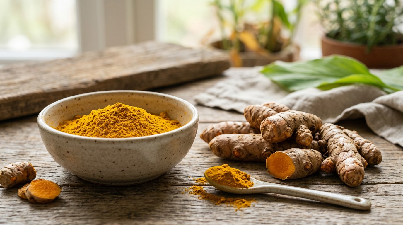 Fresh turmeric root beside ground turmeric powder in a small bowl.