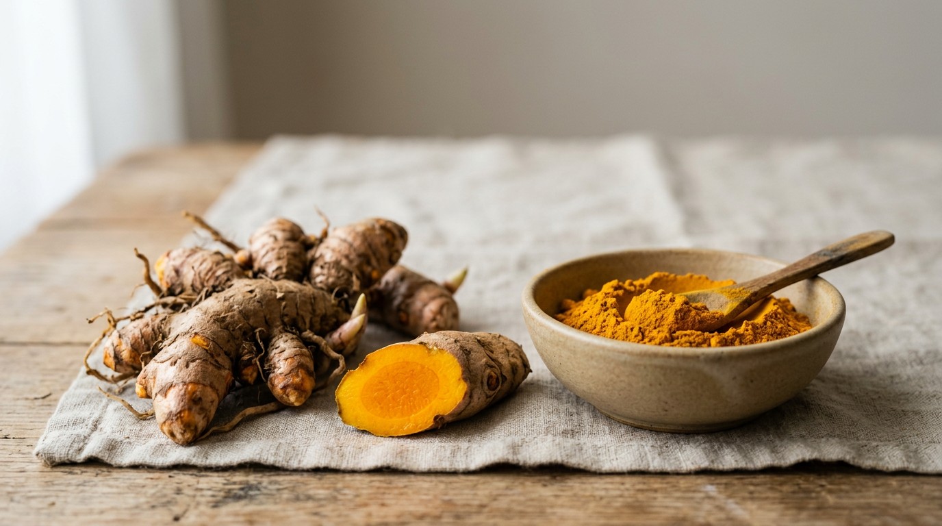 Fresh turmeric root beside turmeric powder
