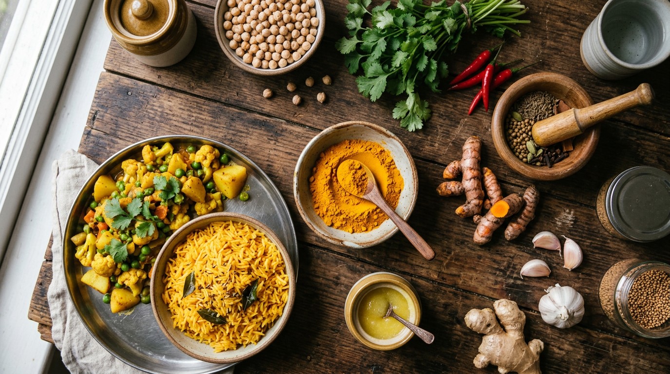 Turmeric powder used as a spice alongside rice, vegetables and traditional curry ingredients.