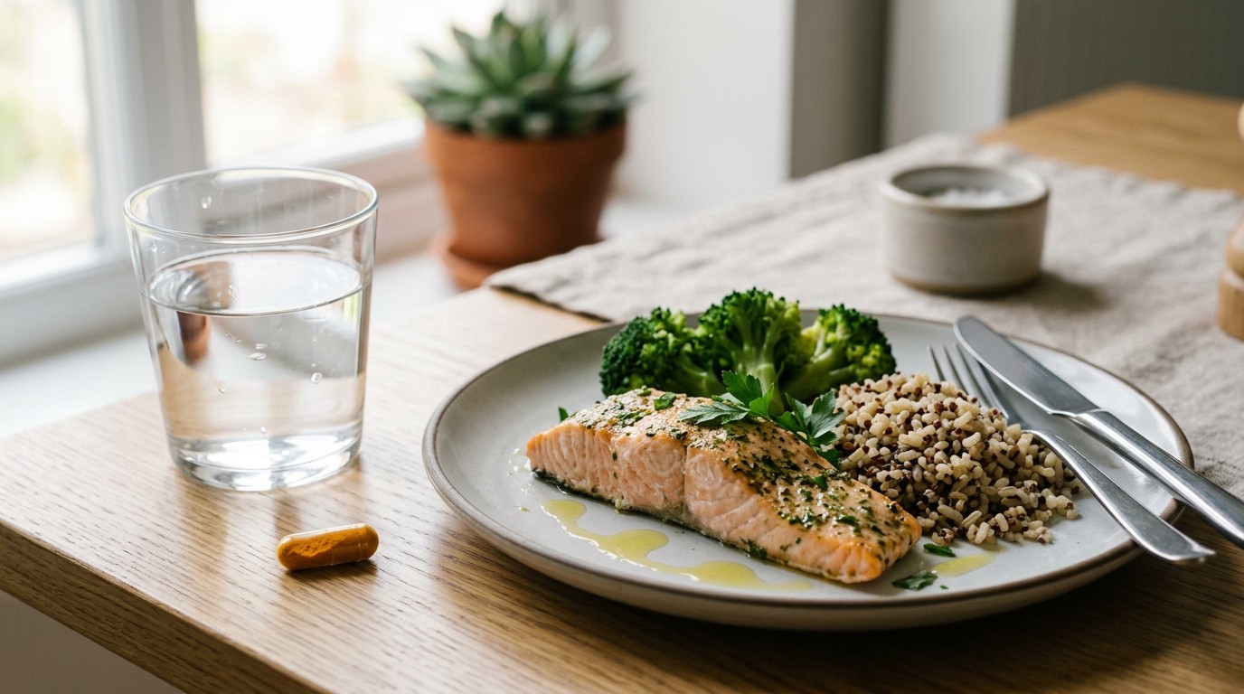 Turmeric supplement capsules beside a meal