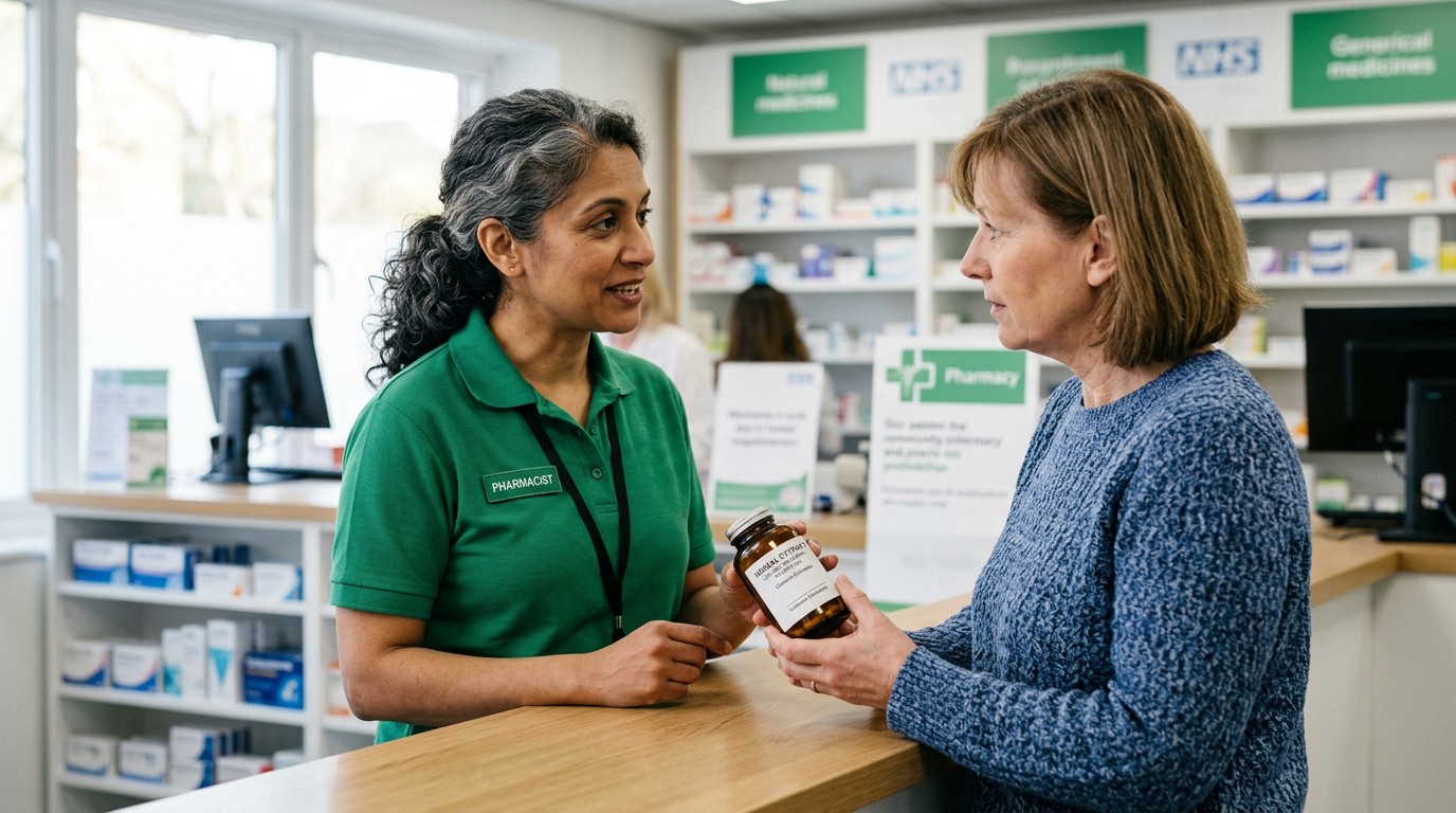 Pharmacist discussing a turmeric supplement with an adult patient.