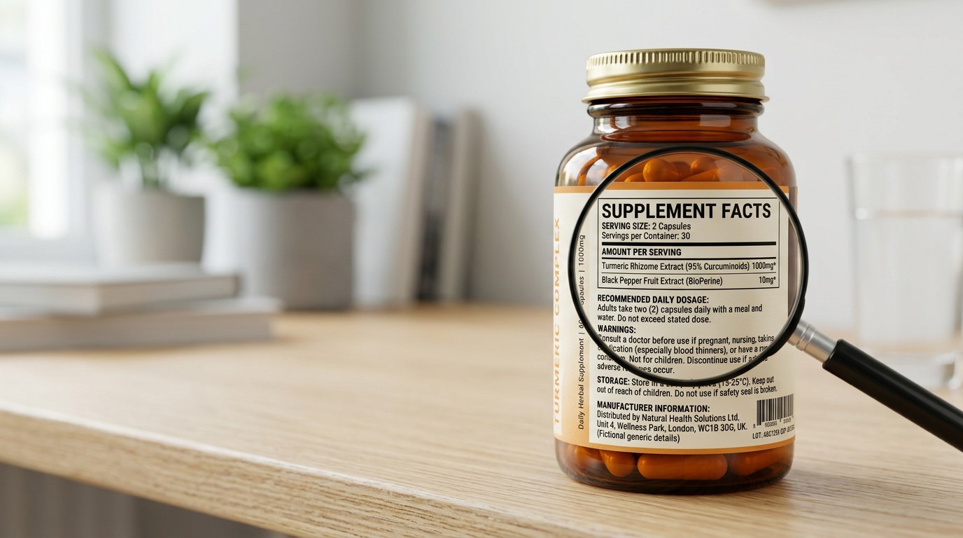 Turmeric supplement label showing ingredients, curcumin amount, serving size, dosage and safety warnings.