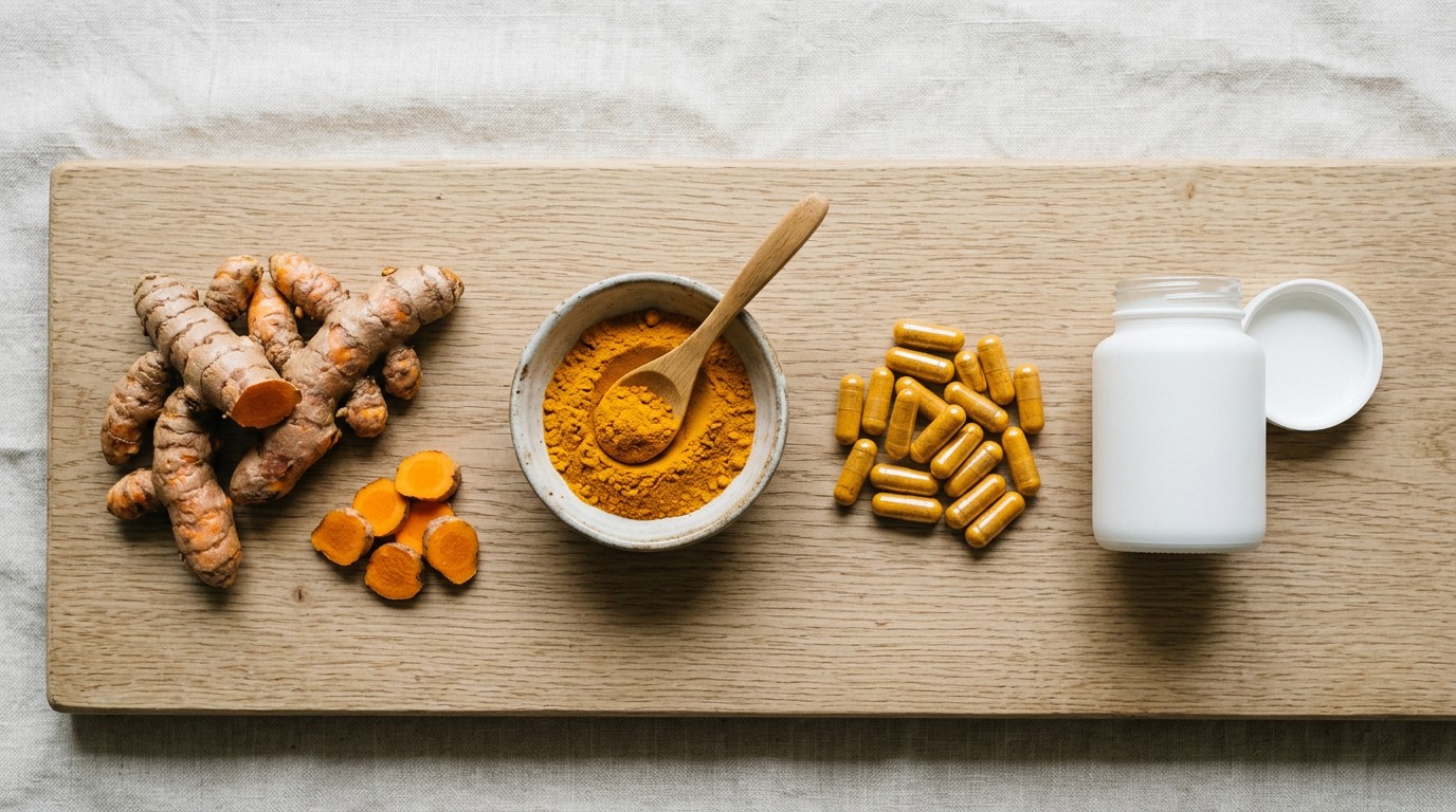 Different generic turmeric supplement forms including capsules, powder and turmeric root.