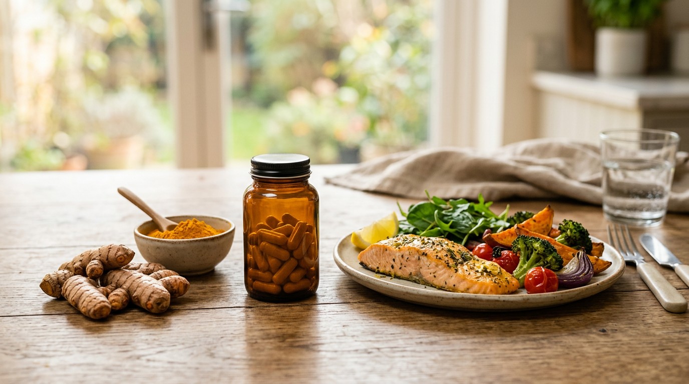 Turmeric supplement capsules beside fresh turmeric and a healthy meal