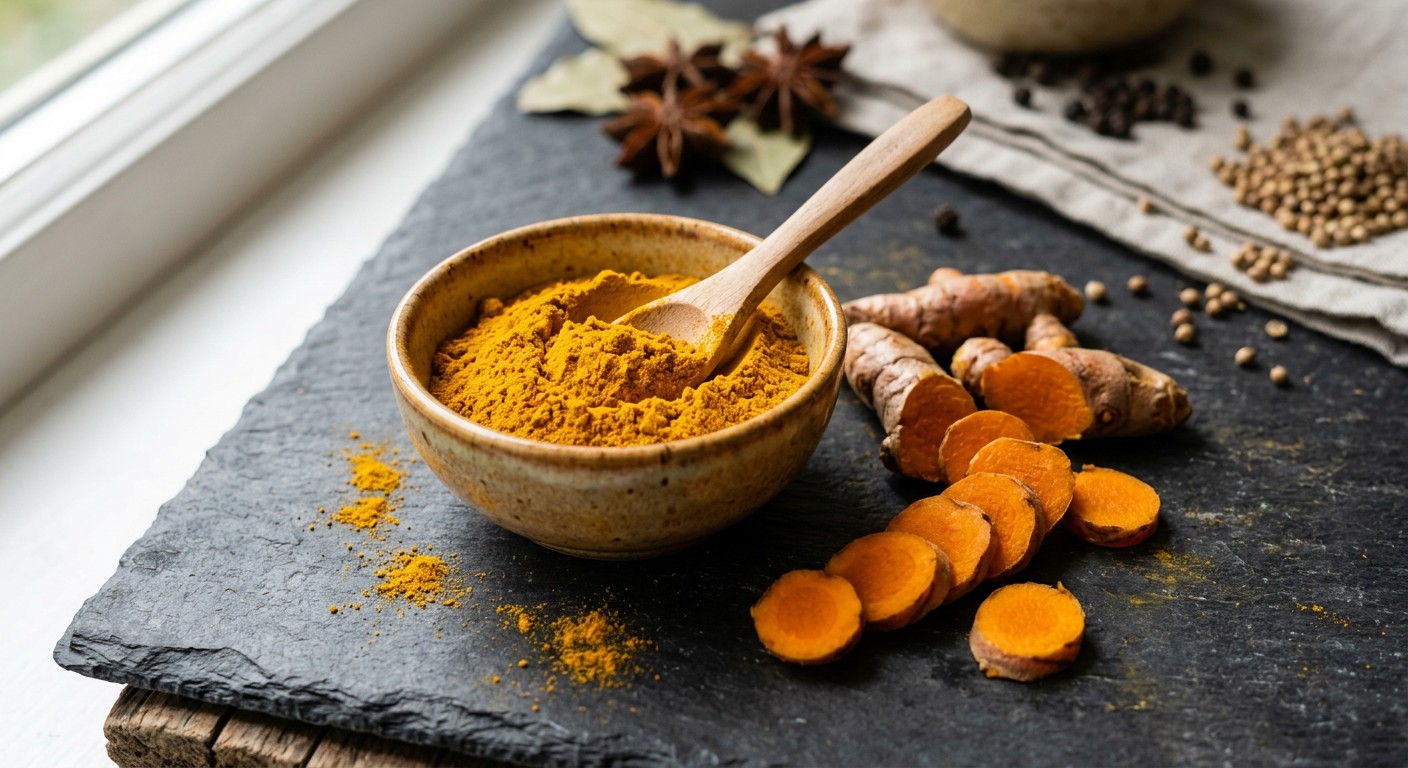 Golden turmeric powder with fresh turmeric root illustrating its earthy and slightly bitter flavour