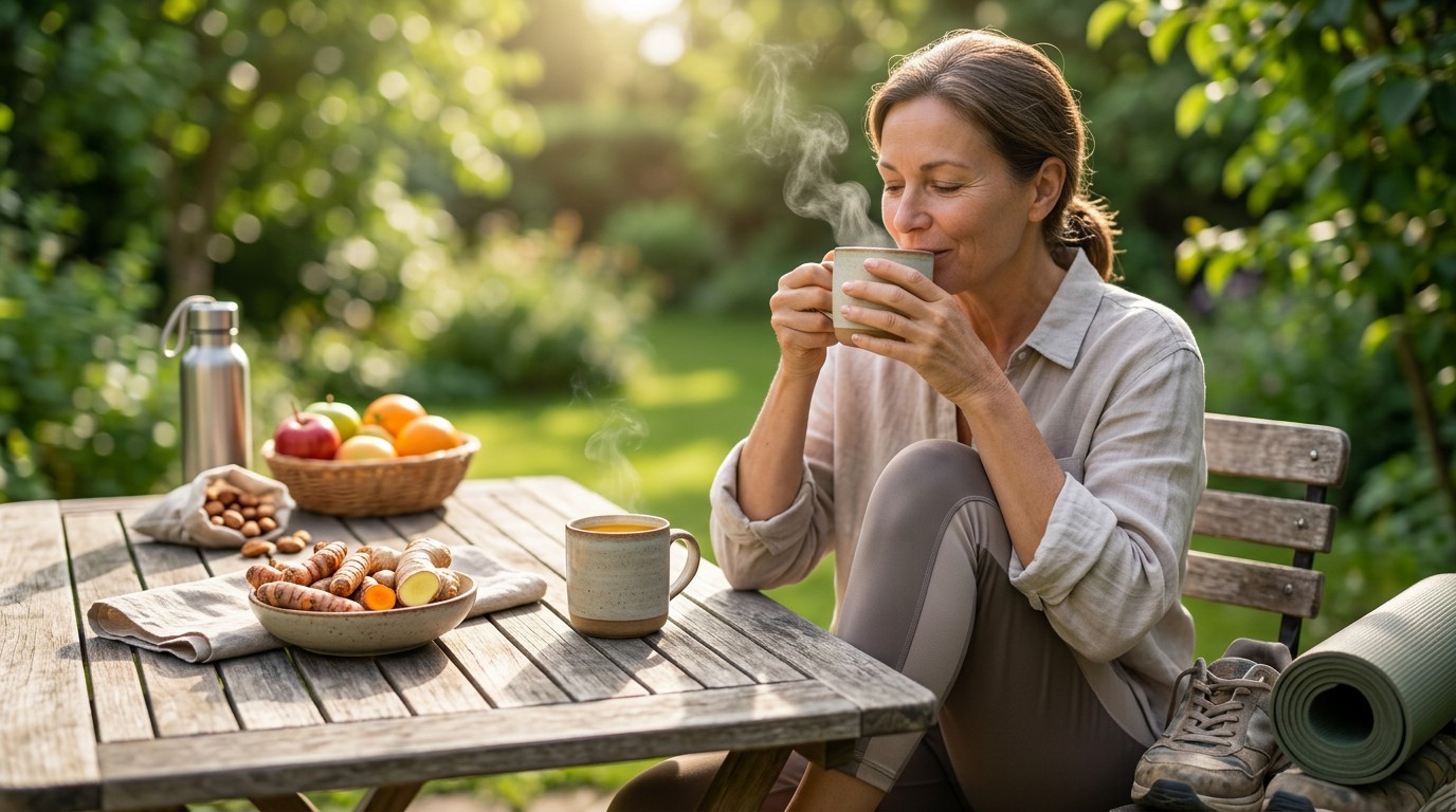 Fresh turmeric tea served after a walk with healthy snacks and exercise equipment nearby.