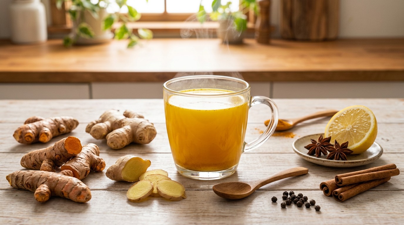 Preparing homemade turmeric tea with fresh turmeric, ginger and lemon in a bright kitchen.
