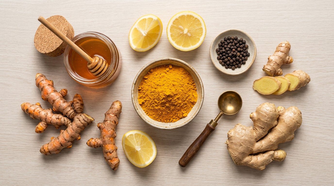 Ingredients used to make turmeric tea including turmeric, ginger, lemon and honey.