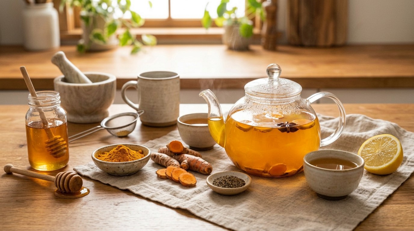 Fresh homemade turmeric tea served with lemon, ginger and turmeric root.