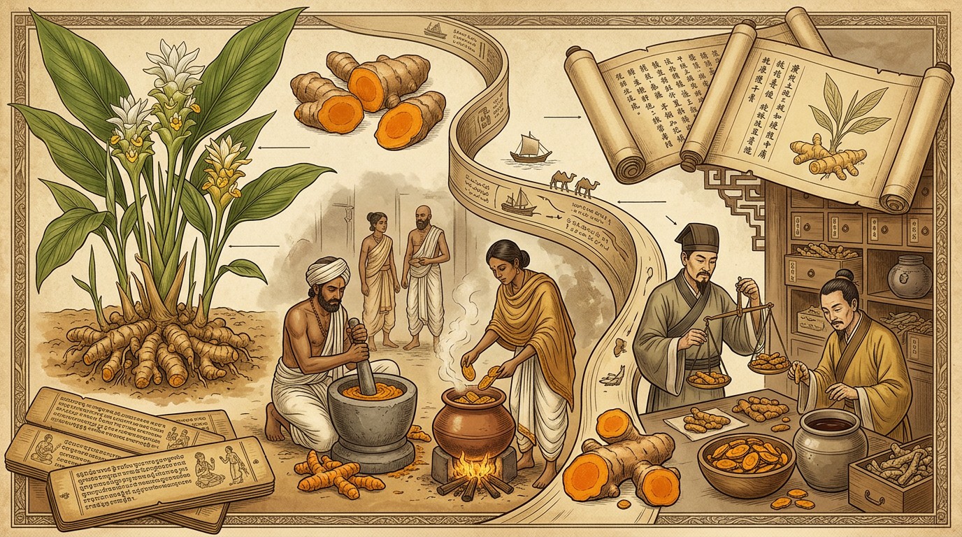 Historical timeline showing turmeric use in traditional medicine in India and China