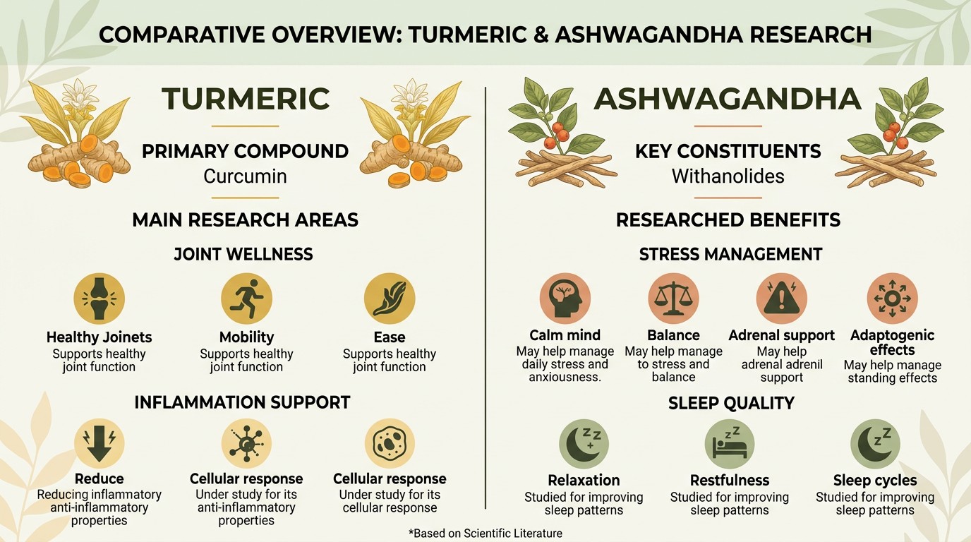 Turmeric vs ashwagandha benefits comparison infographic