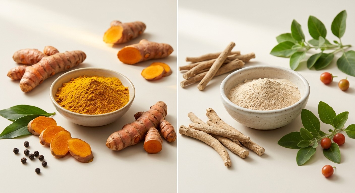 Turmeric powder and roots beside ashwagandha root and powder