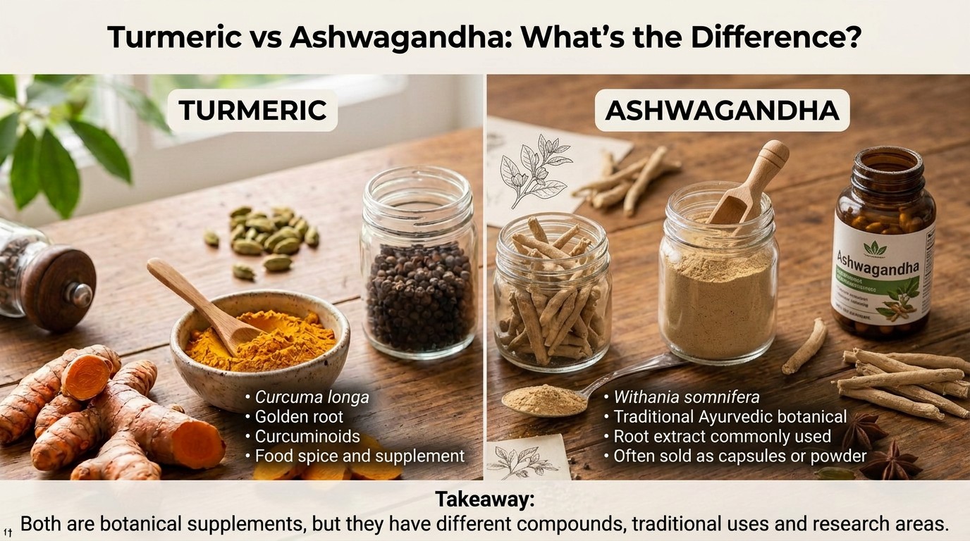 Turmeric vs ashwagandha infographic comparing two botanical supplements