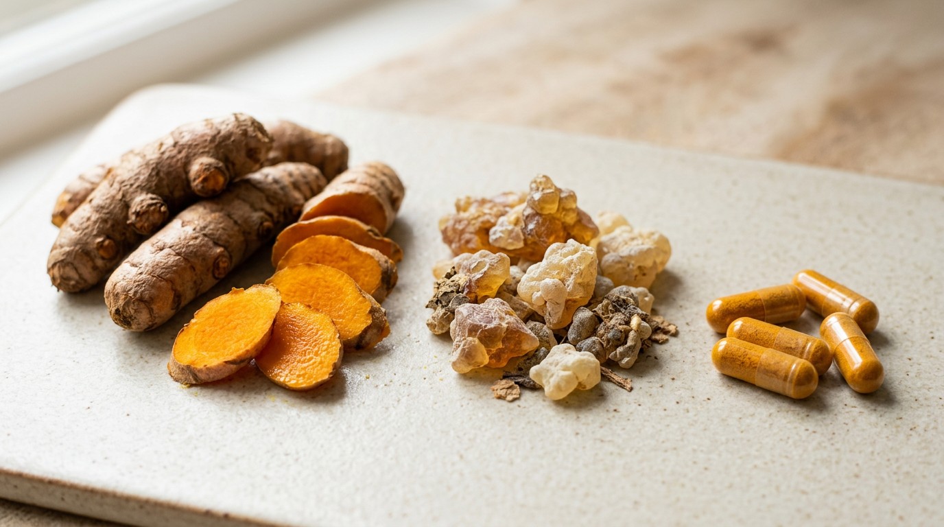Turmeric root and Boswellia resin side by side for comparison