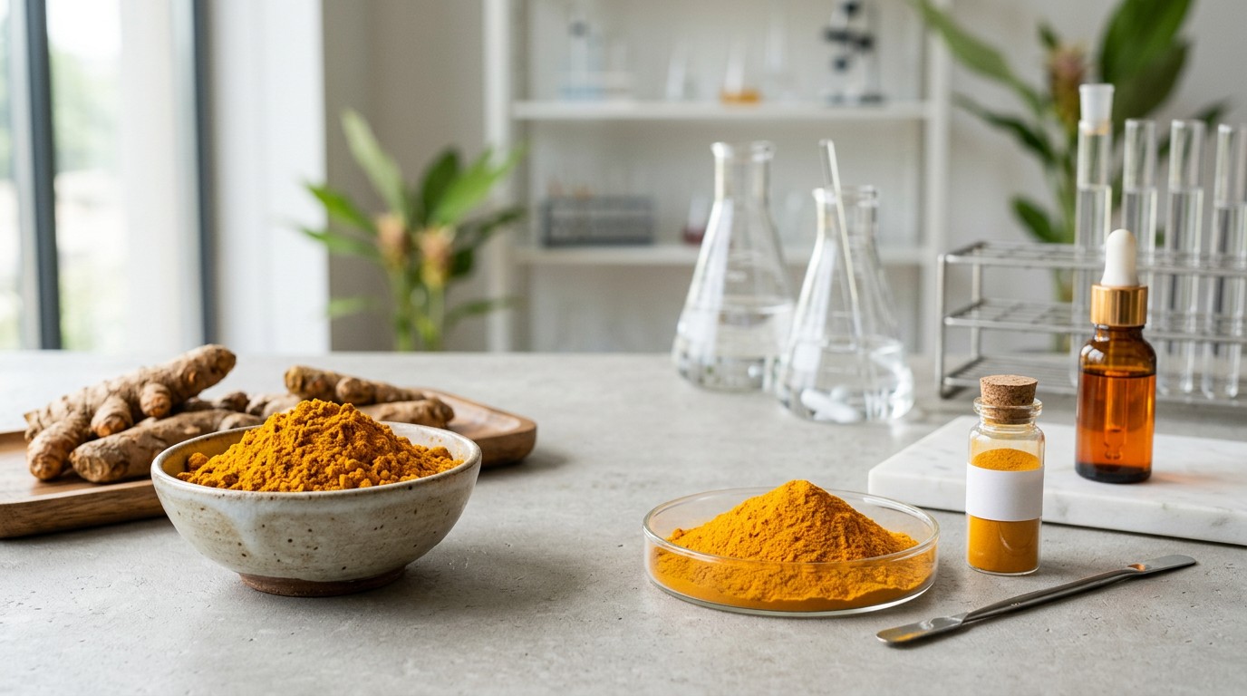 Conceptual image comparing turmeric powder with purified curcumin extract.