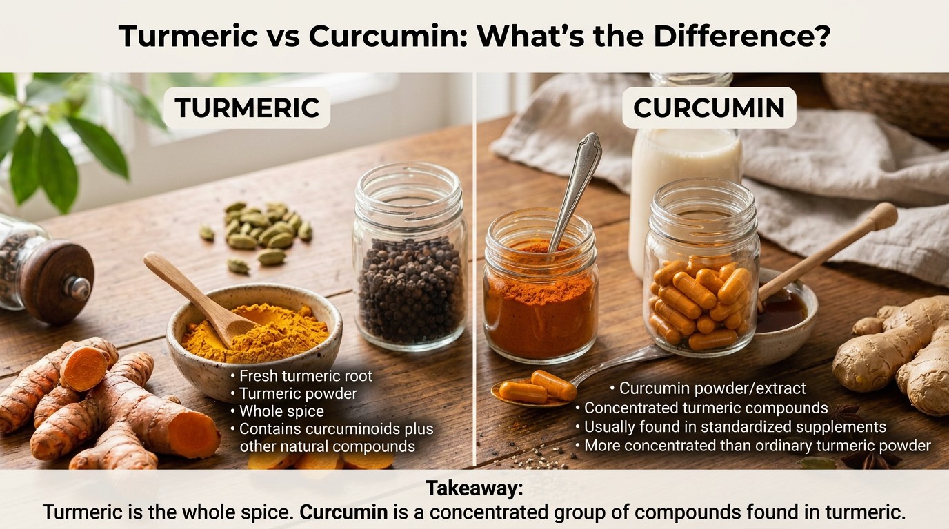 Turmeric vs curcumin infographic showing the key differences