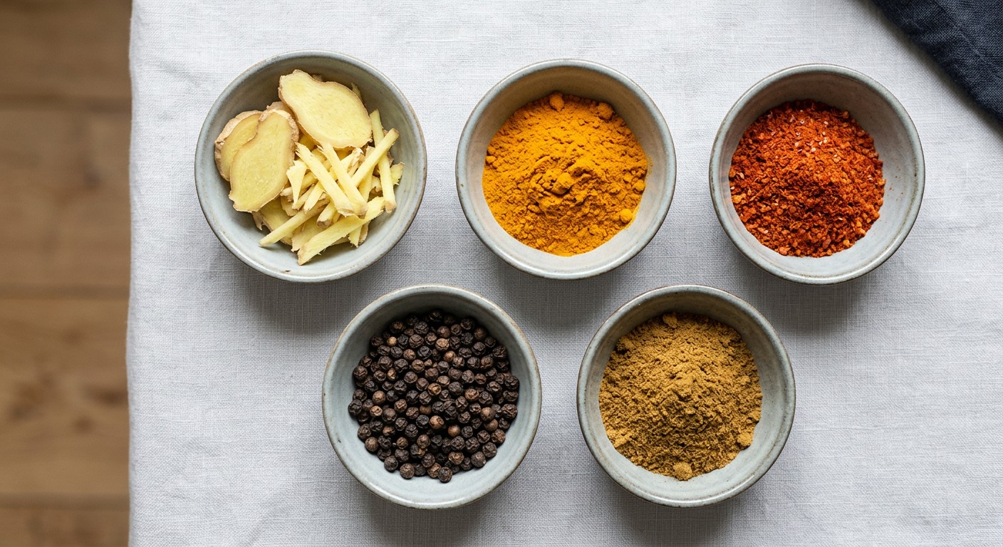Turmeric powder compared with ginger, black pepper, chilli and cumin
