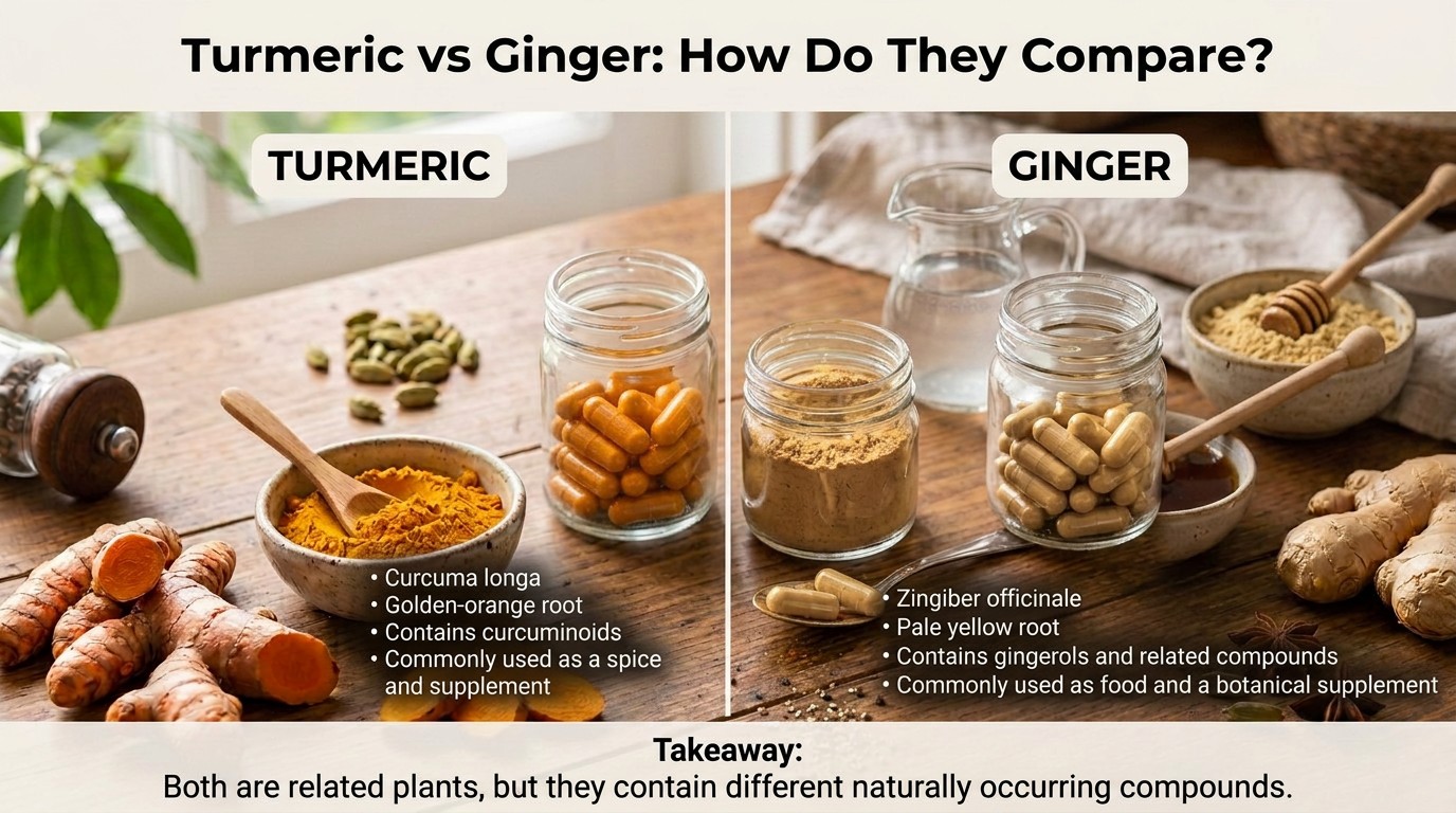 Turmeric vs ginger infographic comparing the two root supplements