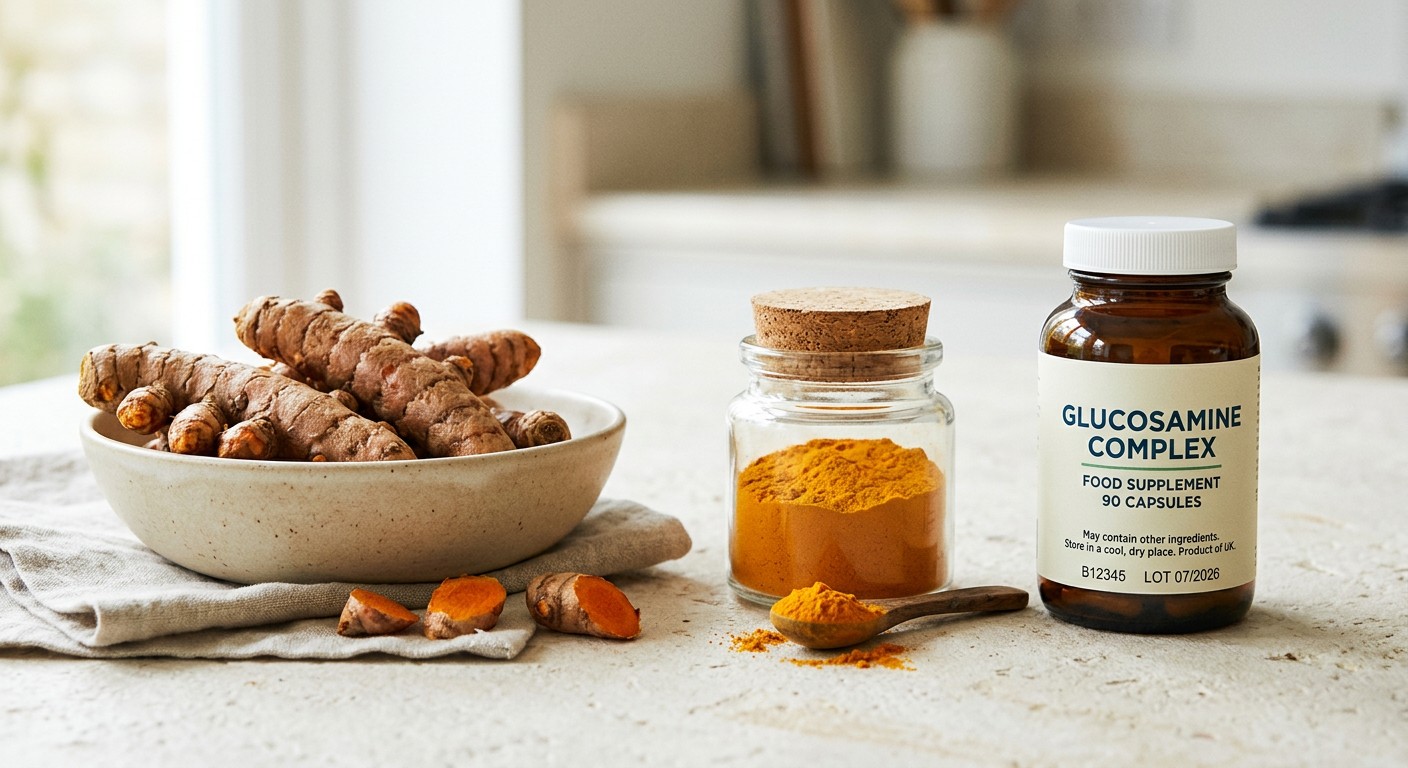 turmeric root and powder next to glucosamine capsules