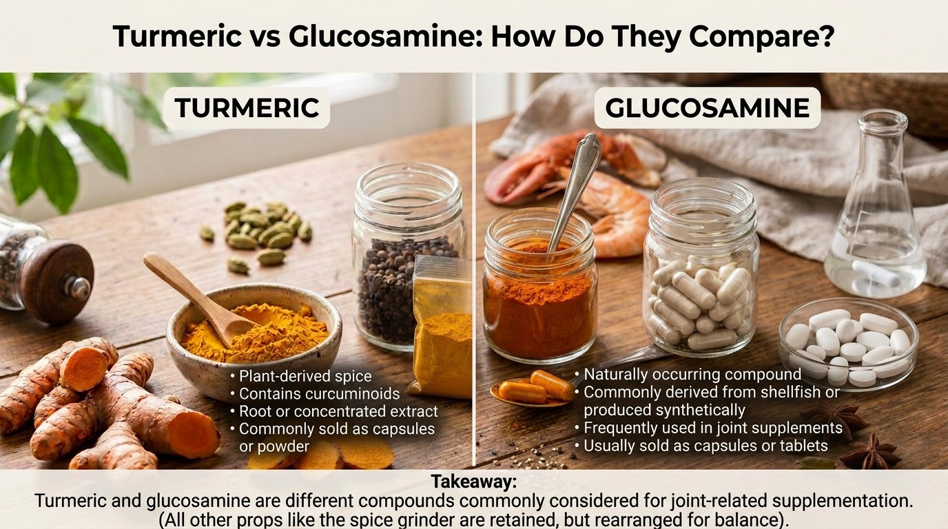 Turmeric vs glucosamine infographic comparing two supplement ingredients