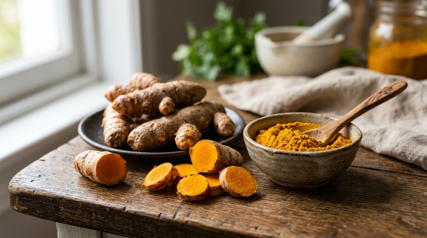Fresh turmeric roots beside a bowl of ground turmeric powder