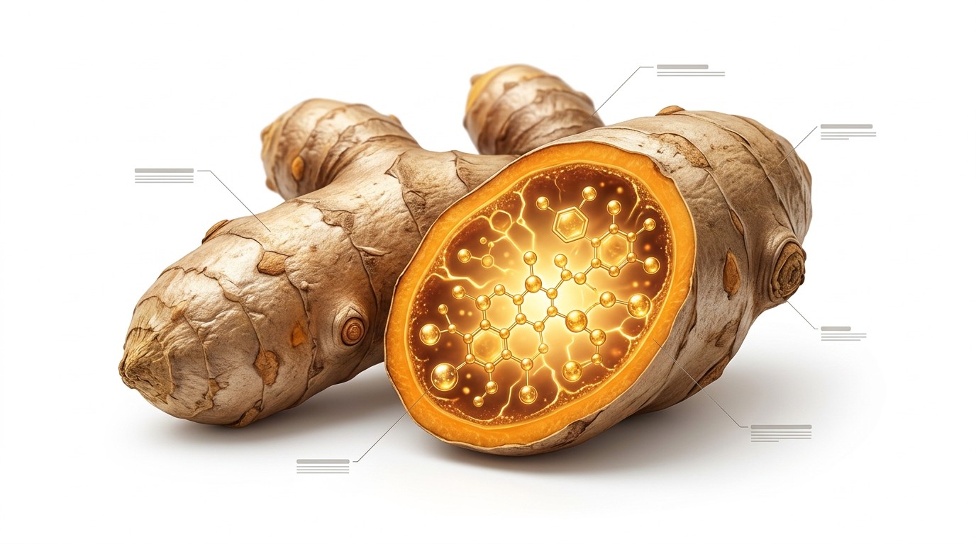 Illustration showing curcumin inside turmeric root with highlighted active compound.