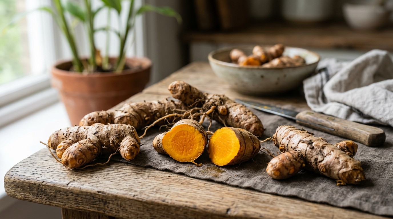 Fresh turmeric rhizomes of Curcuma longa showing their orange-yellow interior.