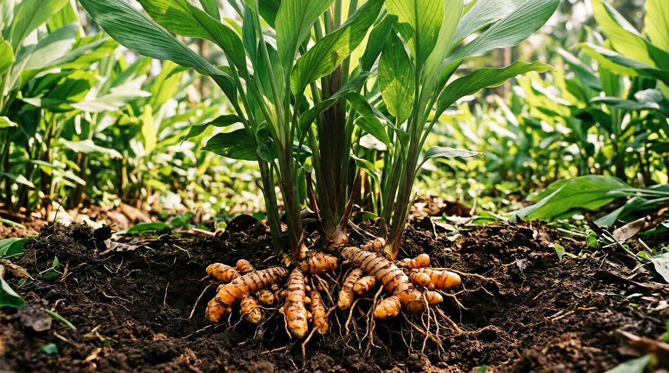 Turmeric plant growing in soil with golden turmeric rhizomes visible underground.