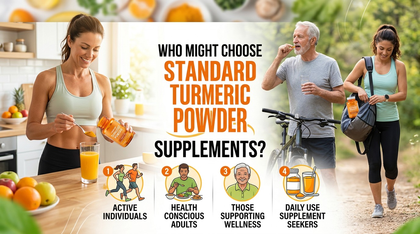People choosing standard turmeric powder supplements with turmeric root and capsules for daily wellness support.