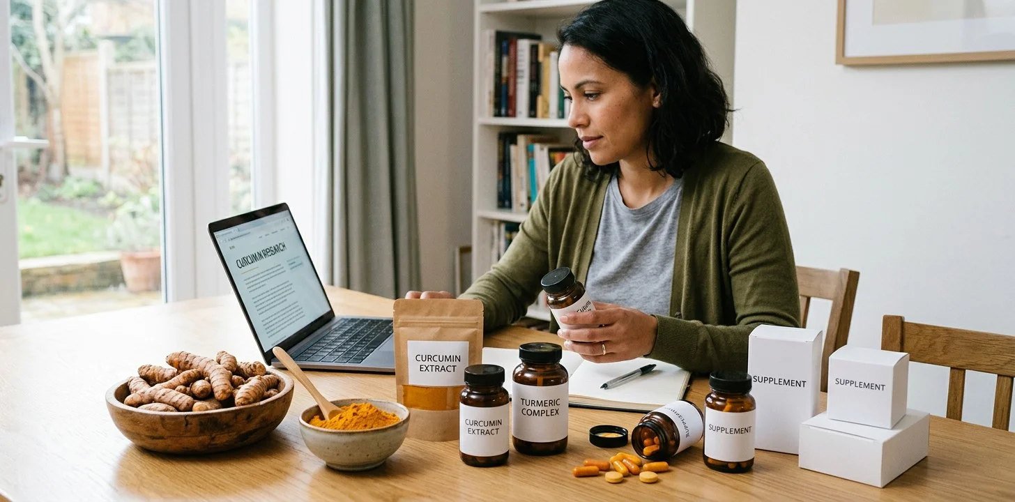 Turmeric, different supplement forms and a person researching turmeric information
