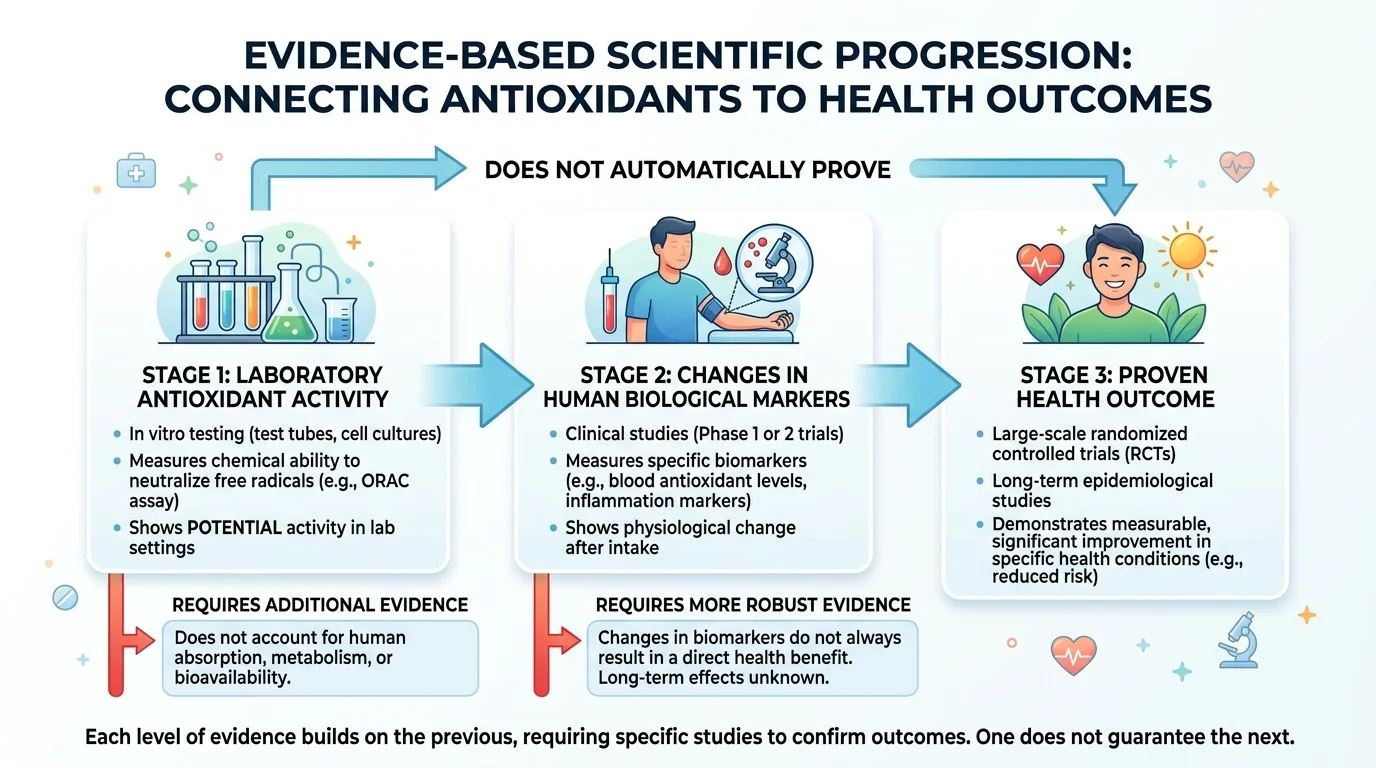 Evidence pathway showing that antioxidant activity does not automatically prove a health benefit