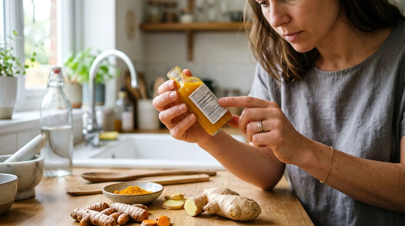 Person checking the ingredient label on a turmeric and ginger shot