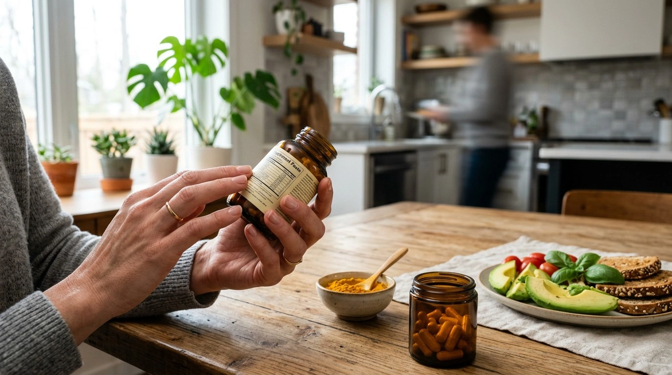 Person checking the ingredients of a turmeric powder supplement