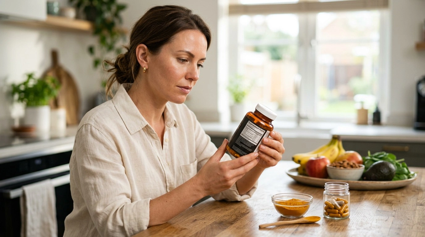 Healthy adult checking a curcumin supplement label