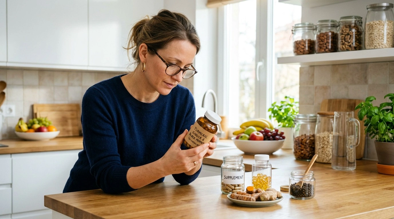 Person comparing turmeric, ginger and black pepper supplement