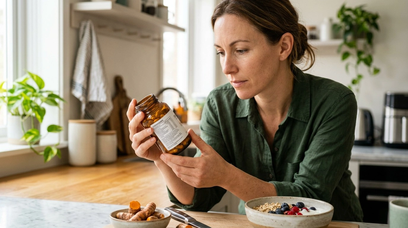 Healthy adult checking the label of an unbranded turmeric supplement at home