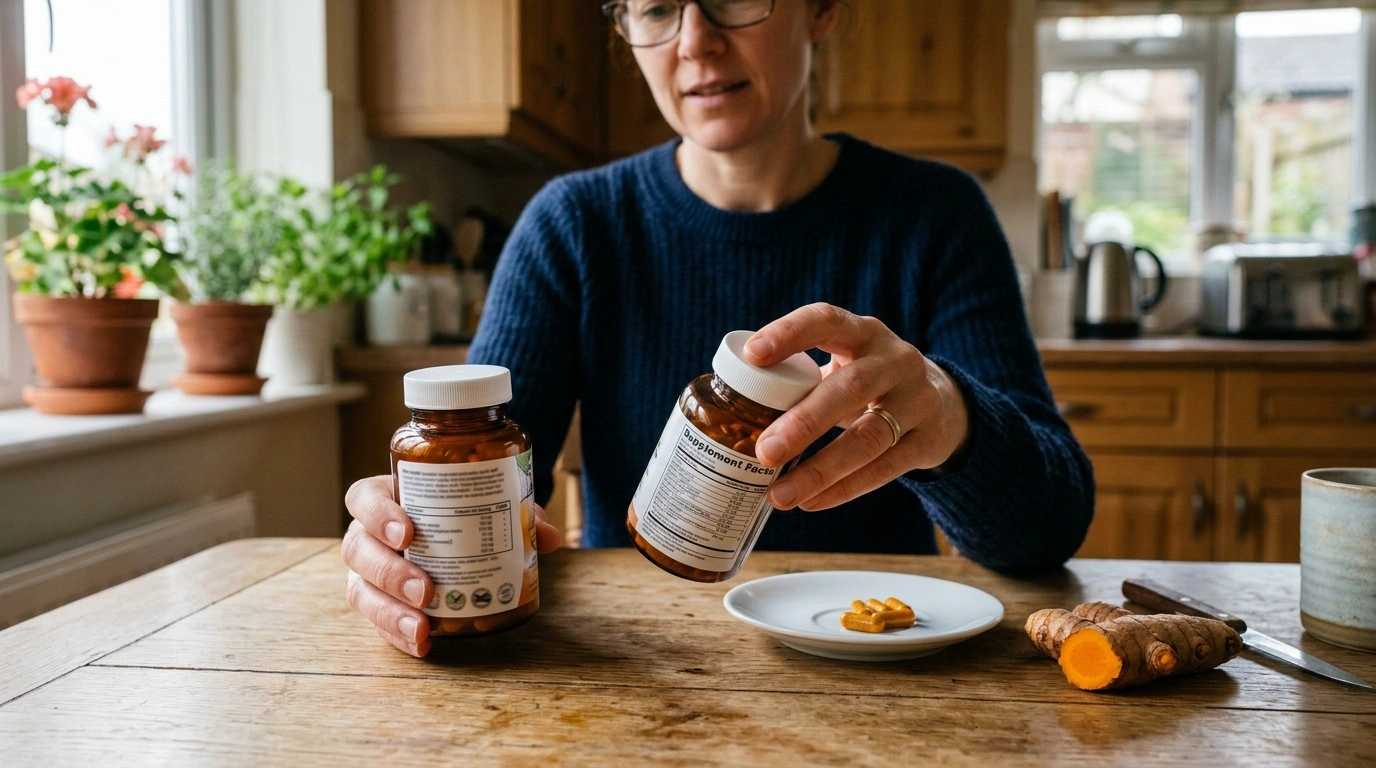 Person comparing labels on different curcumin supplements