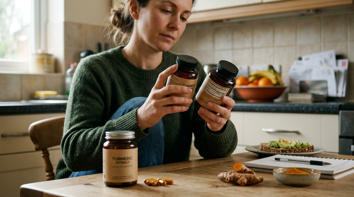 Person comparing labels on different high strength turmeric supplements
