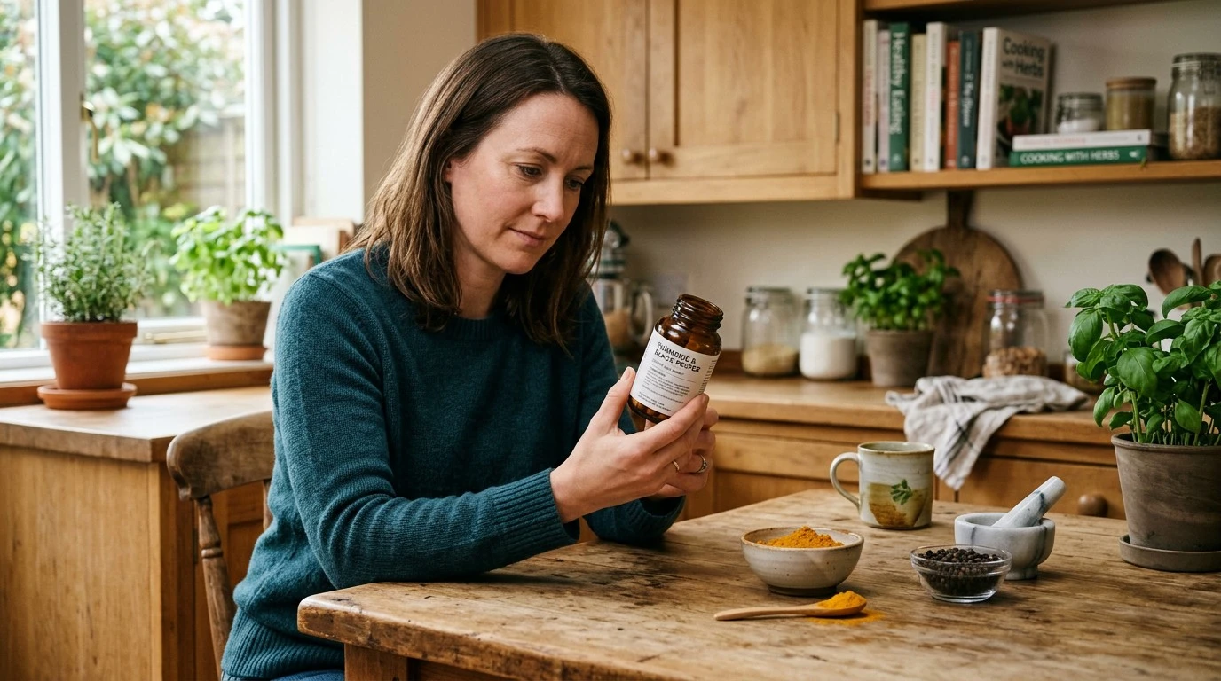 Person comparing a turmeric and black pepper supplement at home