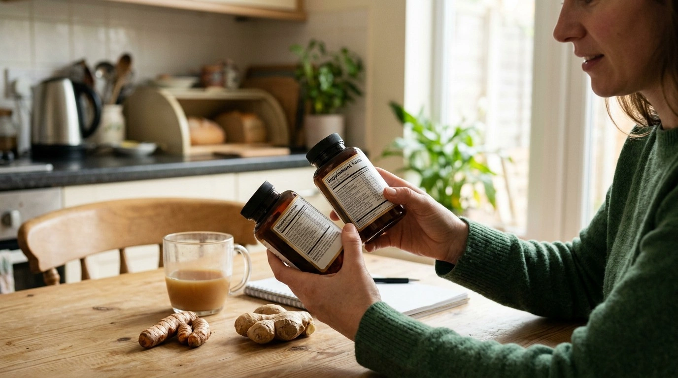 Person comparing labels on different turmeric and ginger supplements