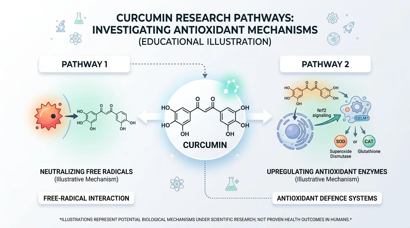 Diagram showing how curcumin is studied for direct antioxidant activity and antioxidant defence systems