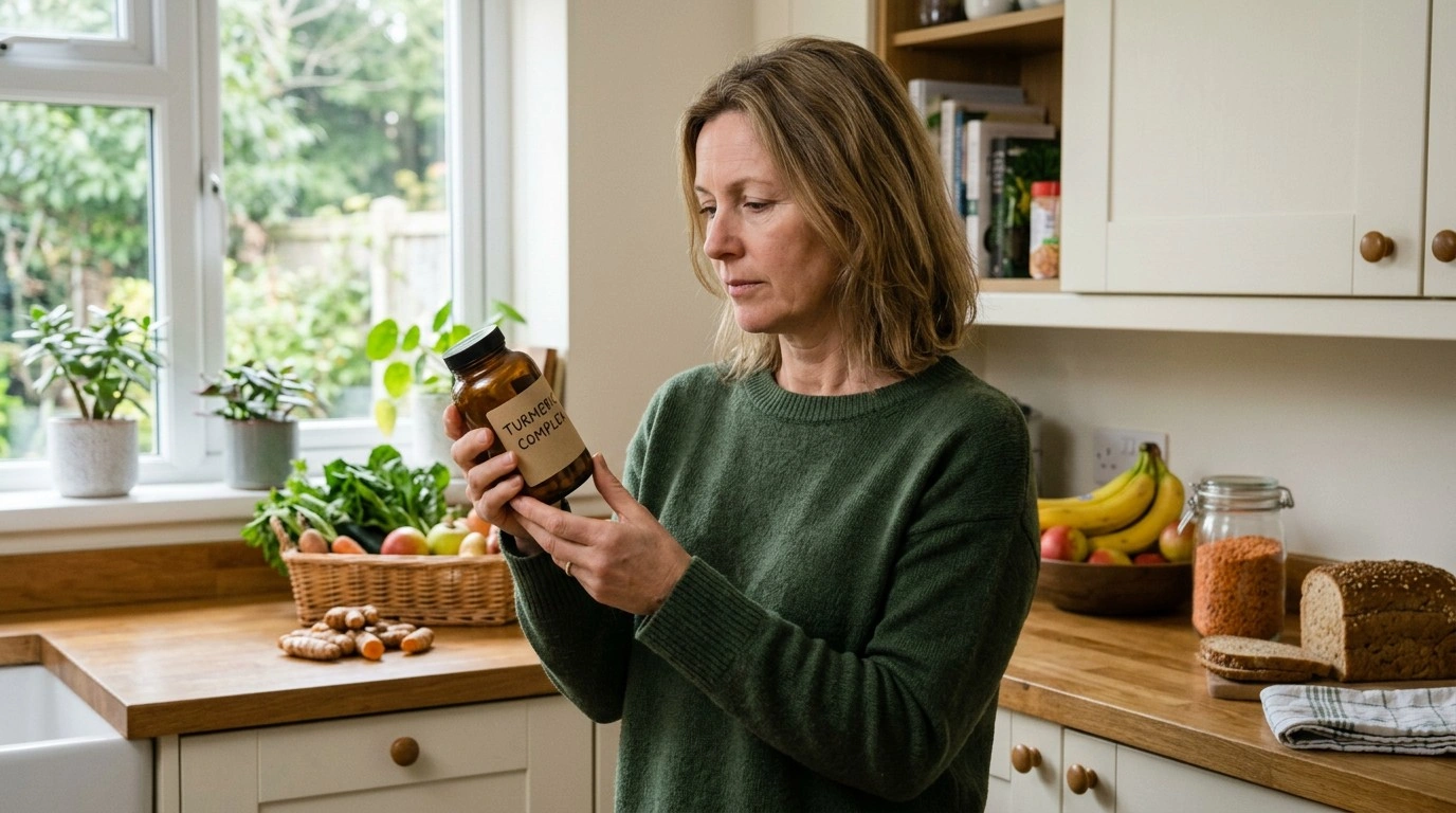 Adult checking a curcumin supplement before taking it at home
