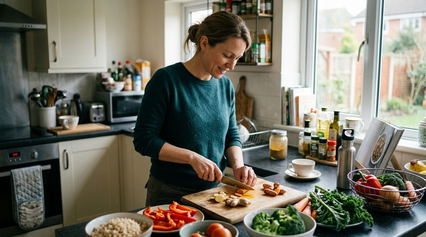 Healthy adult at home with turmeric and nutritious food
