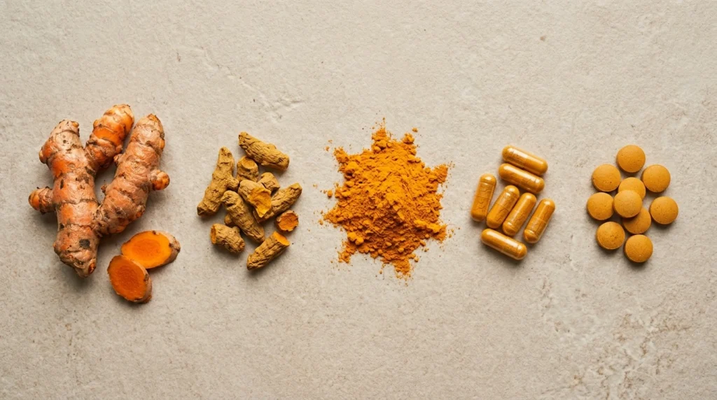 Fresh turmeric, dried turmeric, turmeric powder, capsules and tablets