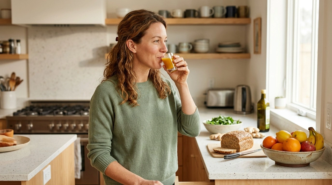 Drinking turmeric and ginger shots with fresh turmeric, ginger and lemon