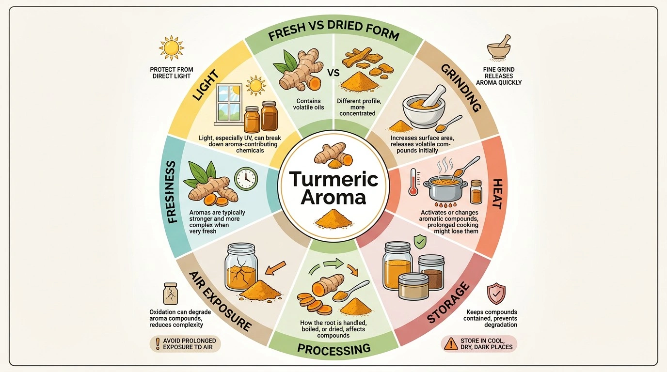 Diagram showing factors that can affect turmeric aroma, including freshness, processing, form and storage.