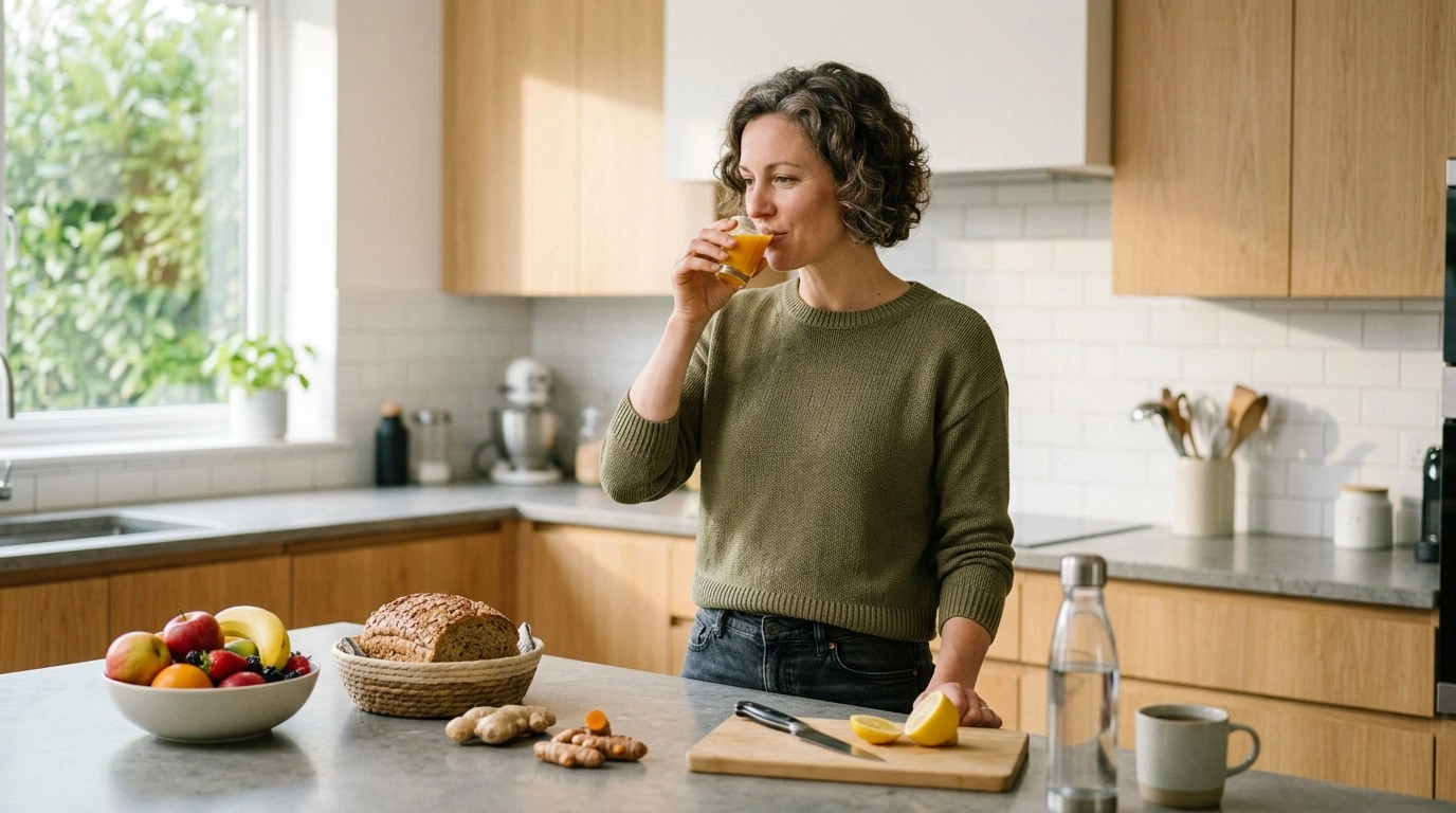 Homemade turmeric and ginger shot being prepared with fresh ingredients