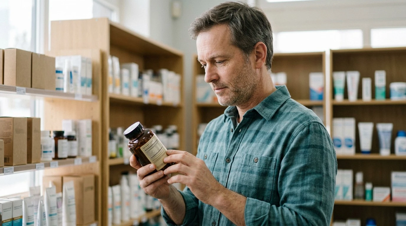 Person reading the ingredient label on a turmeric supplement