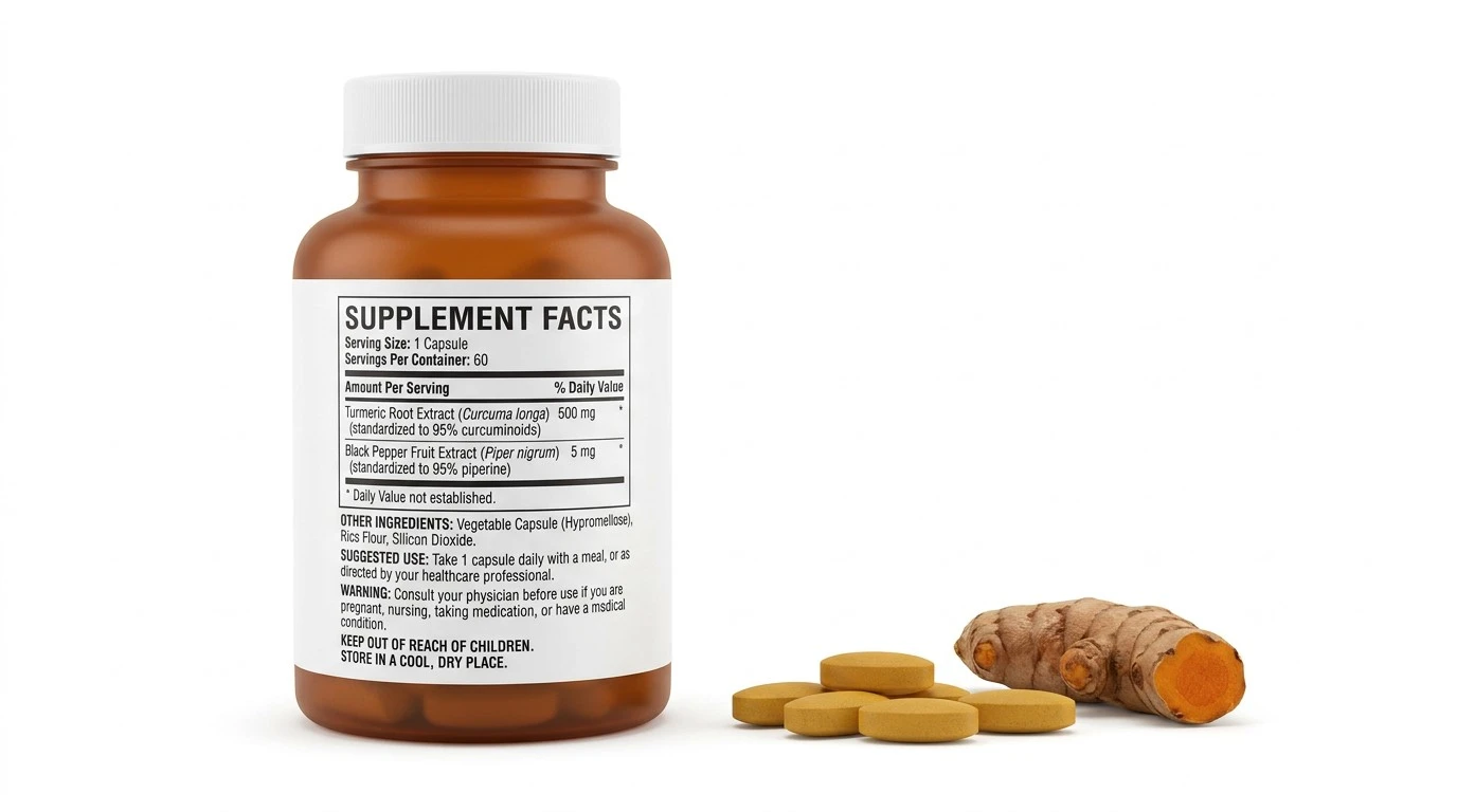 Turmeric supplement label illustrating information to check when choosing turmeric tablets